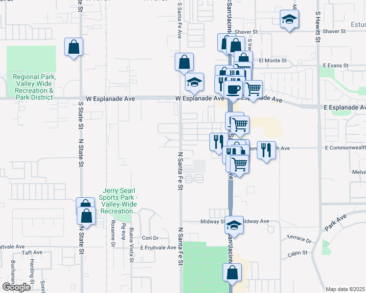 map of restaurants, bars, coffee shops, grocery stores, and more near 1799 South Santa Fe Avenue in San Jacinto