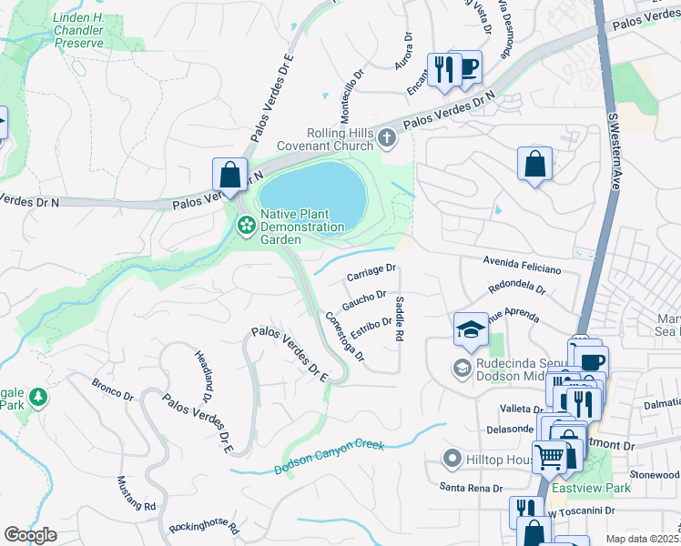 map of restaurants, bars, coffee shops, grocery stores, and more near 2287 Carriage Drive in Rolling Hills Estates
