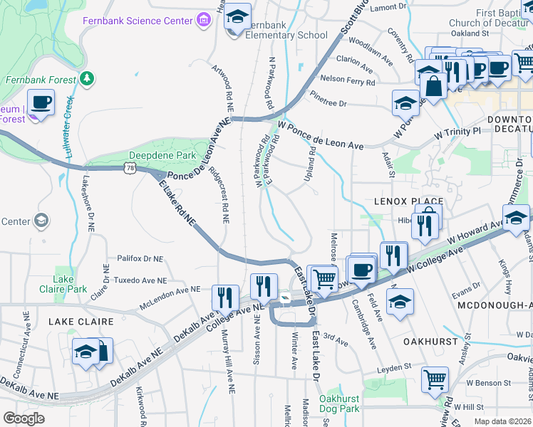map of restaurants, bars, coffee shops, grocery stores, and more near 317 West Parkwood Road in Decatur