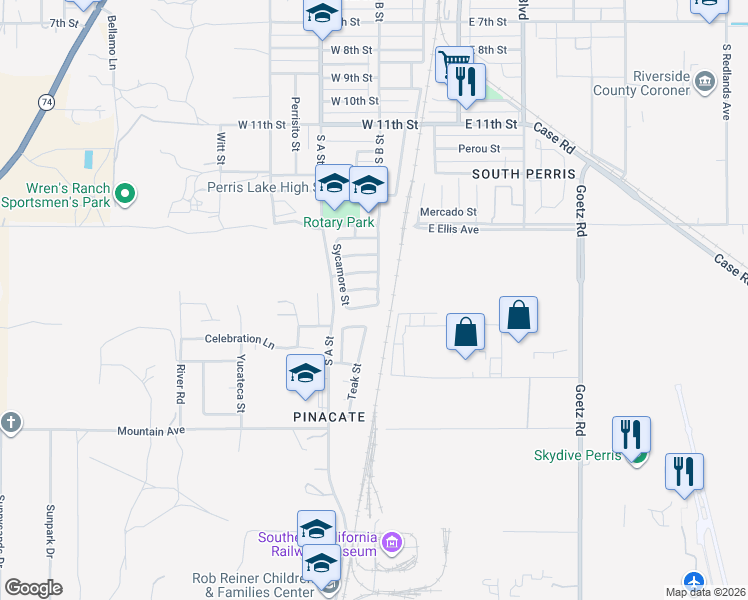map of restaurants, bars, coffee shops, grocery stores, and more near 302 Red Spruce Place in Perris