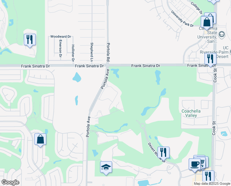 map of restaurants, bars, coffee shops, grocery stores, and more near 2202 Retreat Circle in Palm Desert