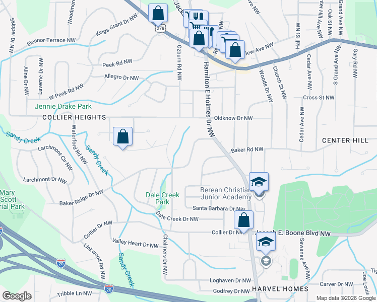 map of restaurants, bars, coffee shops, grocery stores, and more near 2641 Baker Ridge Drive Northwest in Atlanta