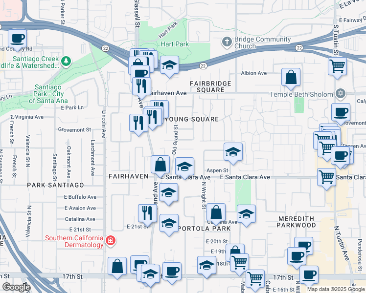 map of restaurants, bars, coffee shops, grocery stores, and more near 1413 Franzen Avenue in Santa Ana