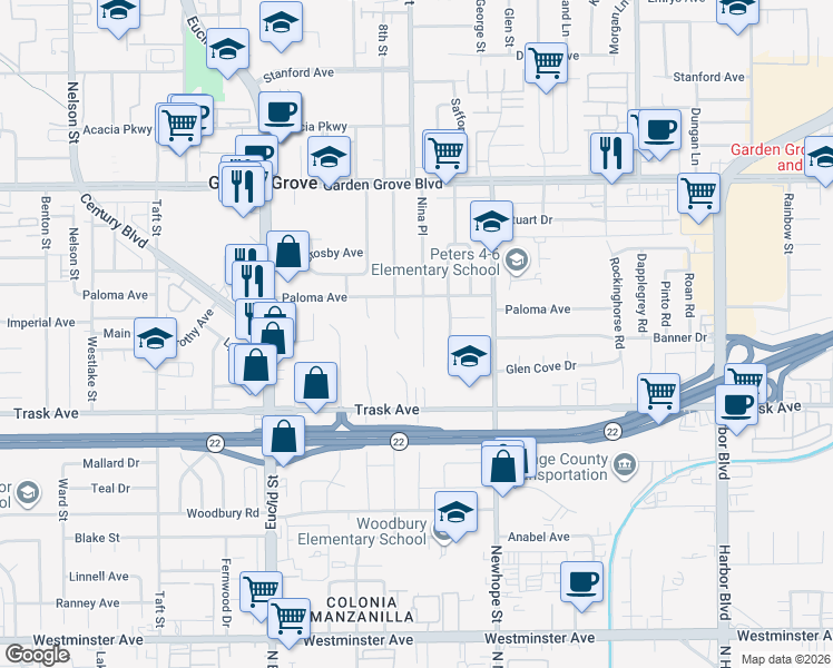 map of restaurants, bars, coffee shops, grocery stores, and more near 13322 Nina Place in Garden Grove