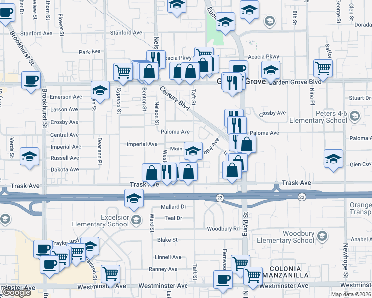 map of restaurants, bars, coffee shops, grocery stores, and more near 10652 Frances Avenue in Garden Grove