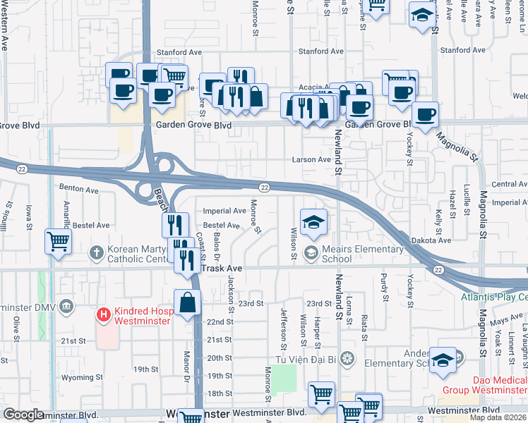 map of restaurants, bars, coffee shops, grocery stores, and more near 8241 Niland Way in Garden Grove
