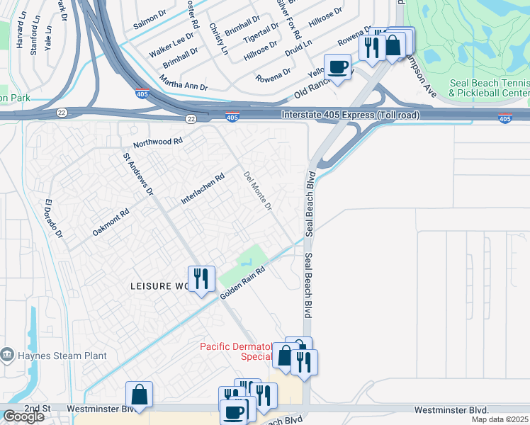 map of restaurants, bars, coffee shops, grocery stores, and more near 1841 Sunningdale Road in Seal Beach