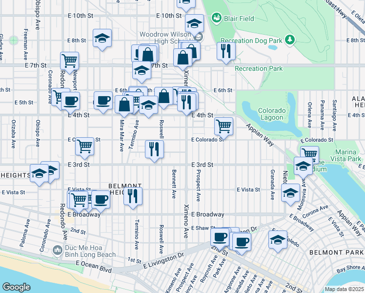 map of restaurants, bars, coffee shops, grocery stores, and more near 336 Ximeno Avenue in Long Beach