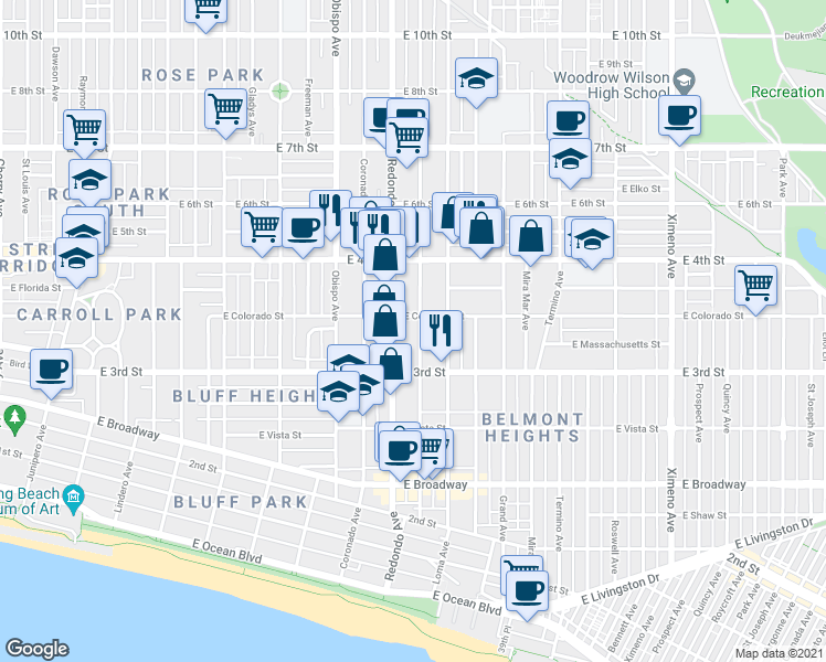 map of restaurants, bars, coffee shops, grocery stores, and more near 336 Redondo Avenue in Long Beach