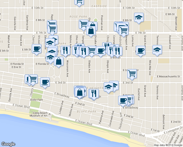 map of restaurants, bars, coffee shops, grocery stores, and more near 337 Gladys Avenue in Long Beach