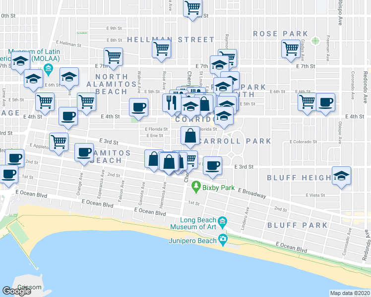 map of restaurants, bars, coffee shops, grocery stores, and more near 1837 East 3rd Street in Long Beach
