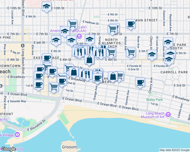 map of restaurants, bars, coffee shops, grocery stores, and more near 1135 East Appleton Street in Long Beach
