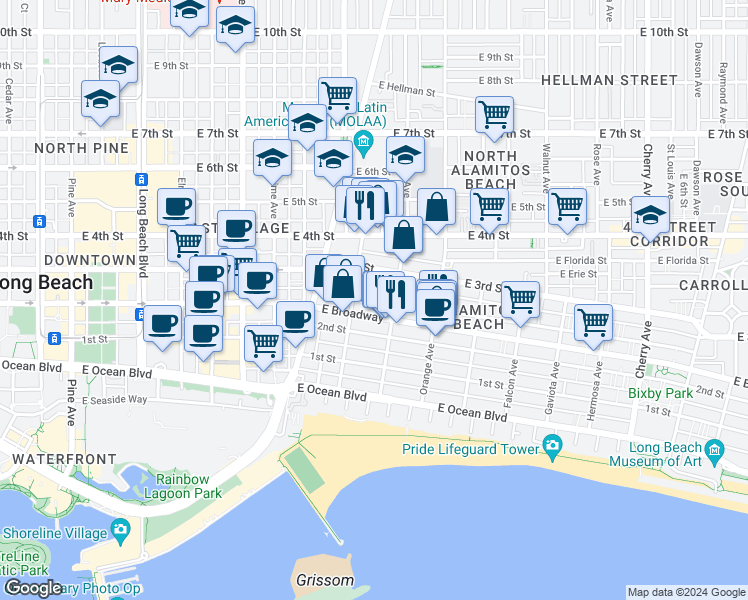 map of restaurants, bars, coffee shops, grocery stores, and more near 1061 East Appleton Street in Long Beach
