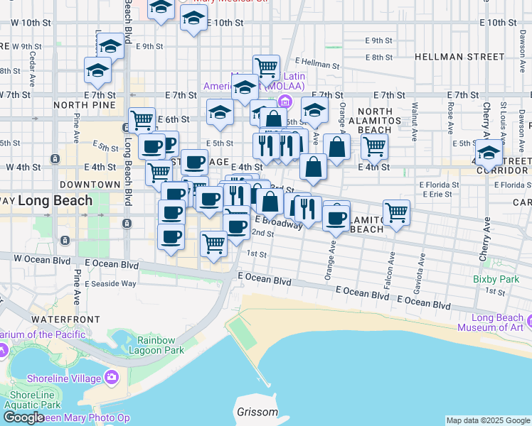 map of restaurants, bars, coffee shops, grocery stores, and more near 241 Bonito Avenue in Long Beach