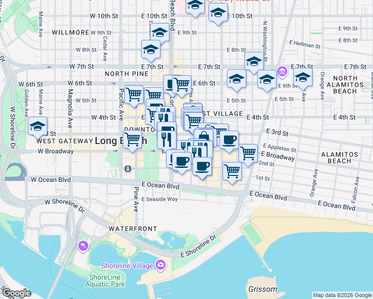 map of restaurants, bars, coffee shops, grocery stores, and more near 252 Elm Avenue in Long Beach