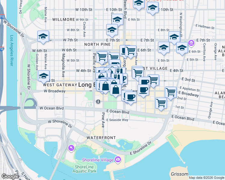 map of restaurants, bars, coffee shops, grocery stores, and more near in Long Beach