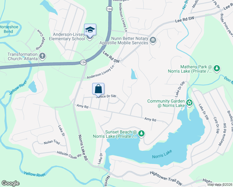 map of restaurants, bars, coffee shops, grocery stores, and more near 4448 Janice Drive Southwest in Snellville