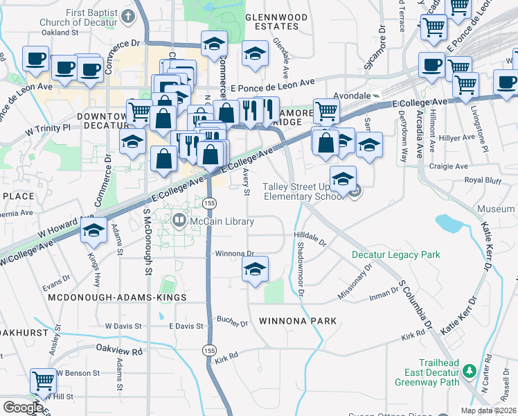 map of restaurants, bars, coffee shops, grocery stores, and more near 186 Avery Street in Decatur