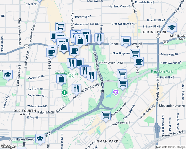 map of restaurants, bars, coffee shops, grocery stores, and more near 819 Belgrade Avenue Northeast in Atlanta