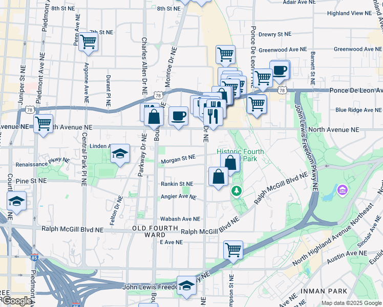 map of restaurants, bars, coffee shops, grocery stores, and more near 560 Morgan Street Northeast in Atlanta