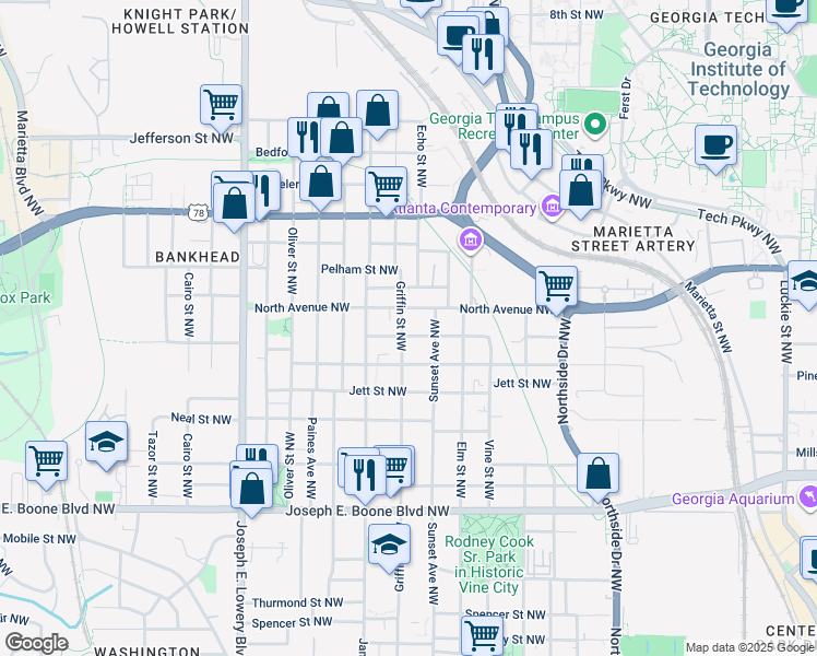 map of restaurants, bars, coffee shops, grocery stores, and more near 541 Griffin Street Northwest in Atlanta