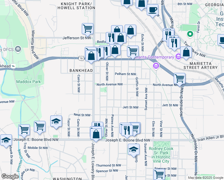 map of restaurants, bars, coffee shops, grocery stores, and more near 551 Oliver Street Northwest in Atlanta