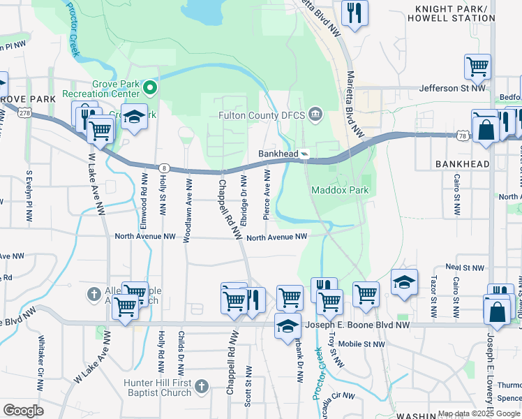 map of restaurants, bars, coffee shops, grocery stores, and more near 522 Pierce Avenue Northwest in Atlanta