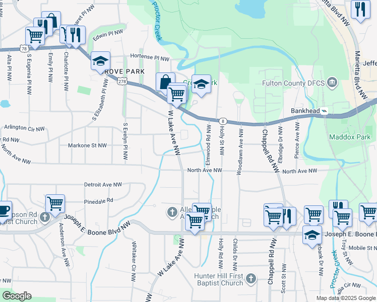 map of restaurants, bars, coffee shops, grocery stores, and more near 1621 Hasty Place Northwest in Atlanta