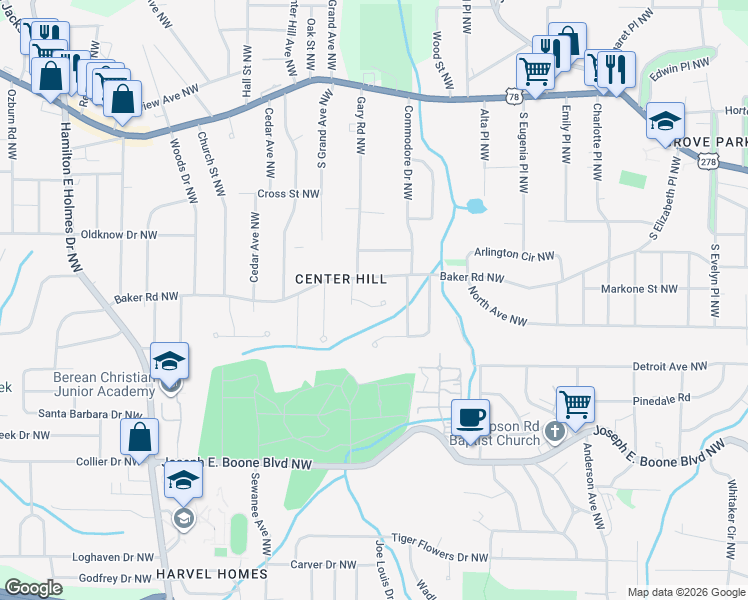map of restaurants, bars, coffee shops, grocery stores, and more near 2243 Gary Court Northwest in Atlanta