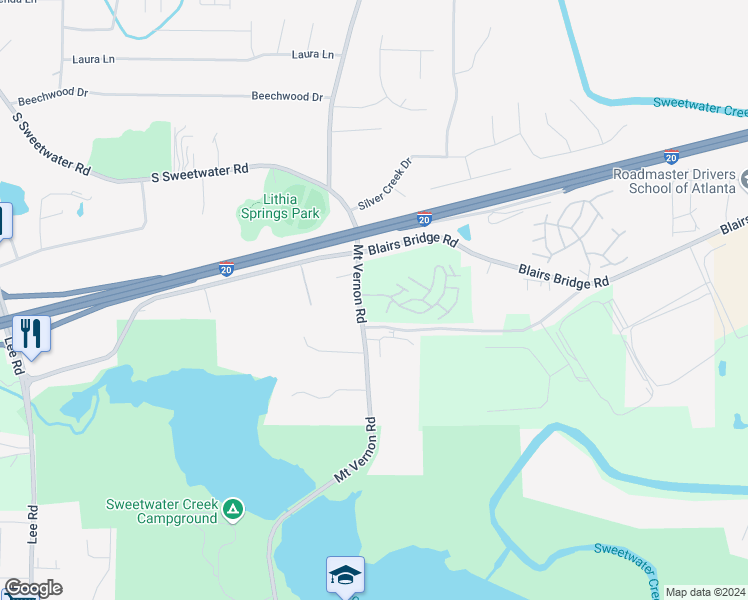 map of restaurants, bars, coffee shops, grocery stores, and more near 100 Columns Drive in Lithia Springs
