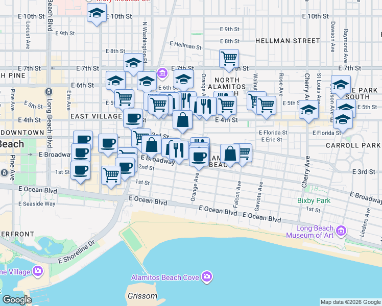 map of restaurants, bars, coffee shops, grocery stores, and more near 1145 East Appleton Street in Long Beach