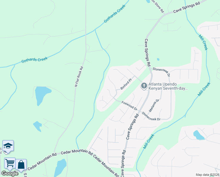 map of restaurants, bars, coffee shops, grocery stores, and more near 1214 Foxwood Drive in Douglasville