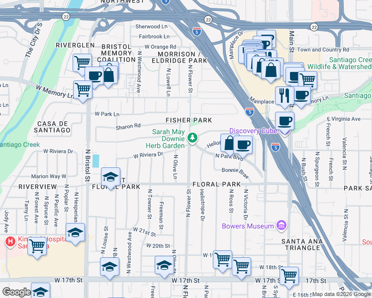 map of restaurants, bars, coffee shops, grocery stores, and more near 902 West Riviera Drive in Santa Ana