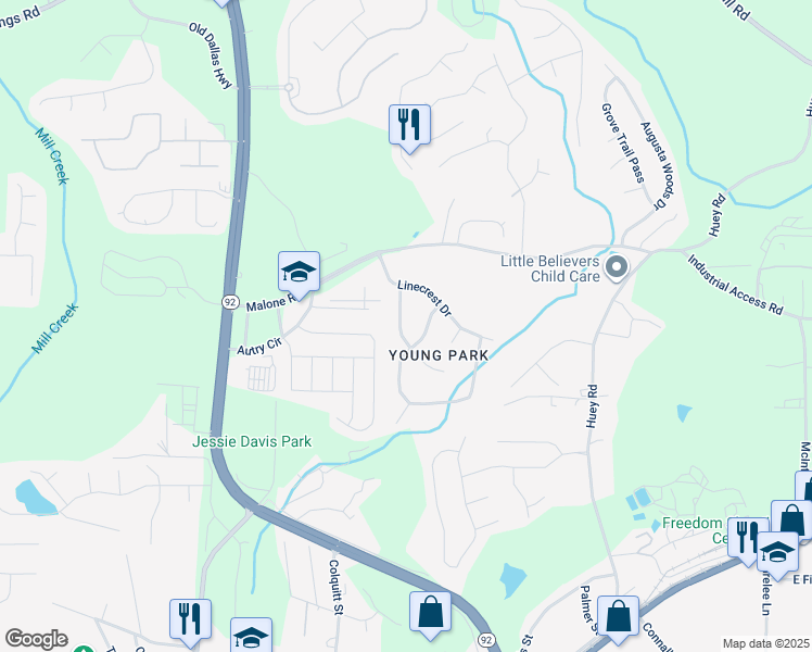 map of restaurants, bars, coffee shops, grocery stores, and more near 7662 Oakvale Drive in Douglasville
