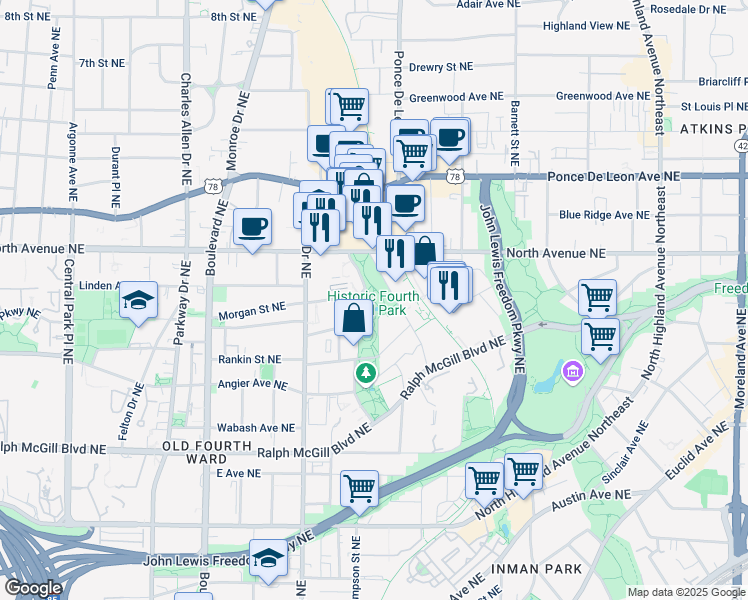map of restaurants, bars, coffee shops, grocery stores, and more near 680 Dallas Street Northeast in Atlanta