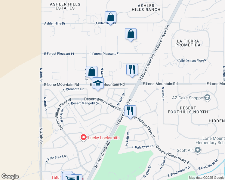 map of restaurants, bars, coffee shops, grocery stores, and more near 31212 North 44th Way in Cave Creek