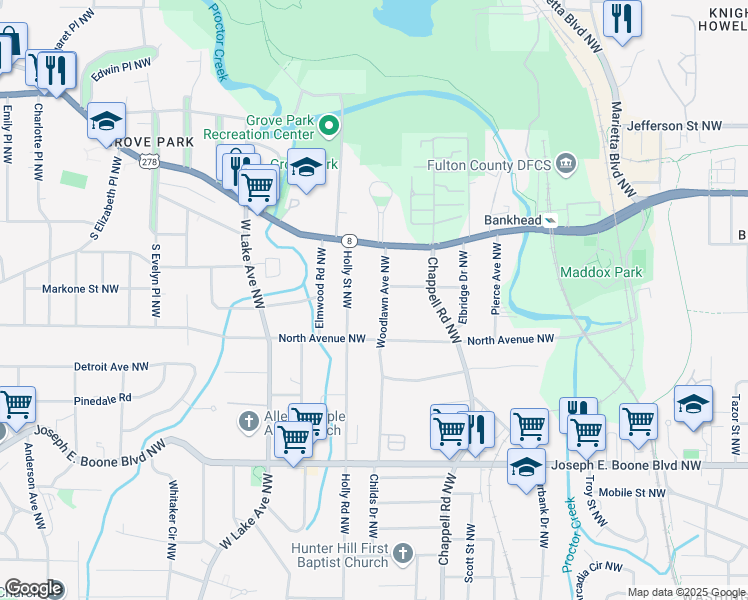 map of restaurants, bars, coffee shops, grocery stores, and more near 532 Woodlawn Ave NW in Atlanta