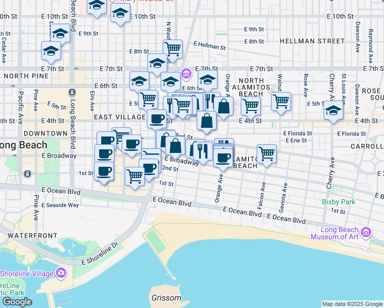 map of restaurants, bars, coffee shops, grocery stores, and more near 1035 East Appleton Street in Long Beach
