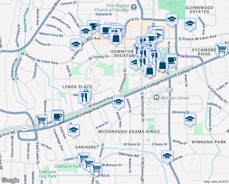 map of restaurants, bars, coffee shops, grocery stores, and more near 113 Pattillo Way in Decatur