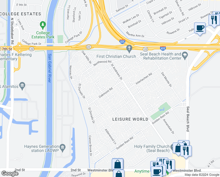 map of restaurants, bars, coffee shops, grocery stores, and more near 1361 Oakmont Road in Seal Beach