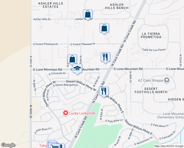 map of restaurants, bars, coffee shops, grocery stores, and more near 31217 North 44th Way in Cave Creek