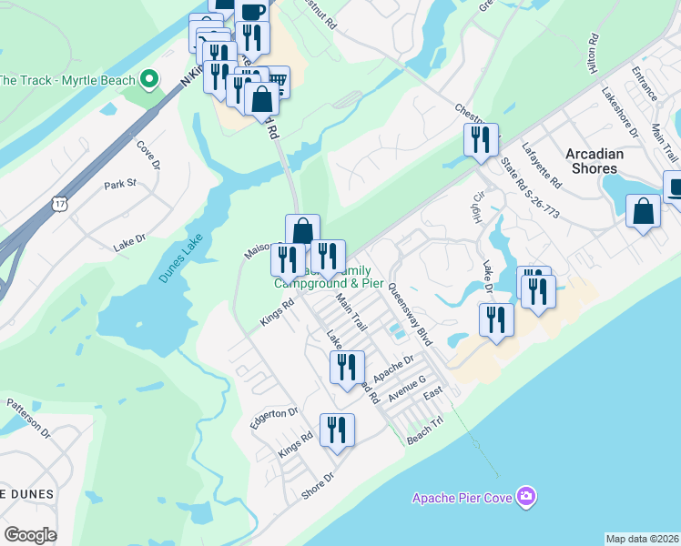 map of restaurants, bars, coffee shops, grocery stores, and more near 3 Apache Trl in Myrtle Beach