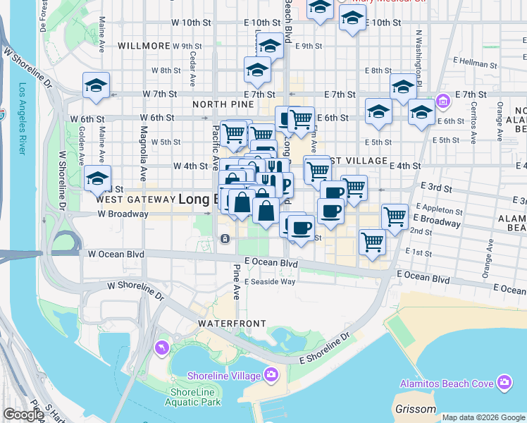 map of restaurants, bars, coffee shops, grocery stores, and more near in Long Beach