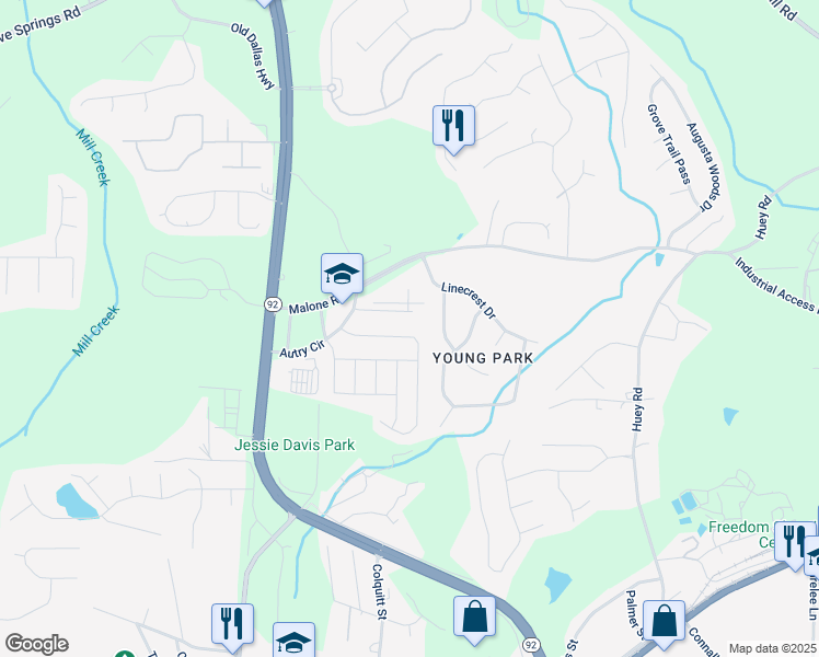 map of restaurants, bars, coffee shops, grocery stores, and more near 6526 Snowbird Lane in Douglasville