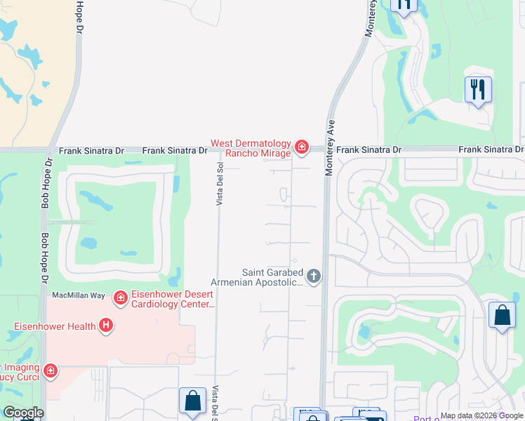 map of restaurants, bars, coffee shops, grocery stores, and more near 3 Beach Dunes Court in Rancho Mirage