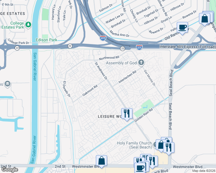 map of restaurants, bars, coffee shops, grocery stores, and more near 13341 Saint Andrews Drive in Seal Beach