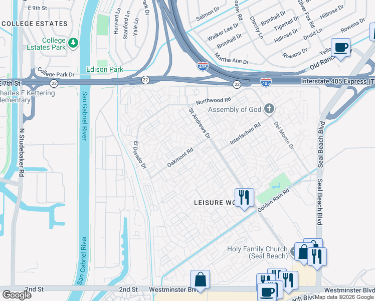map of restaurants, bars, coffee shops, grocery stores, and more near 1361 Oakmont Road in Seal Beach