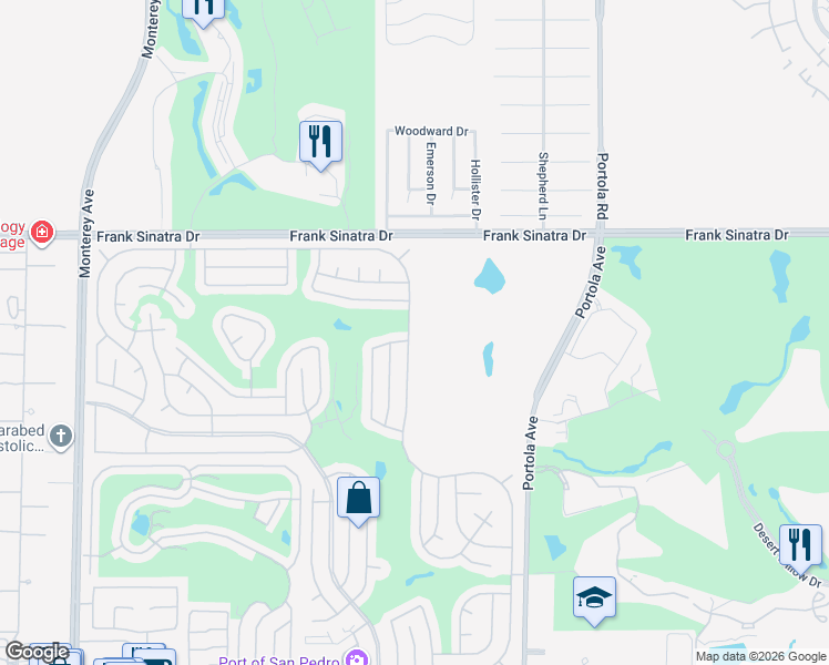map of restaurants, bars, coffee shops, grocery stores, and more near 38430 Desert Greens Drive East in Palm Desert
