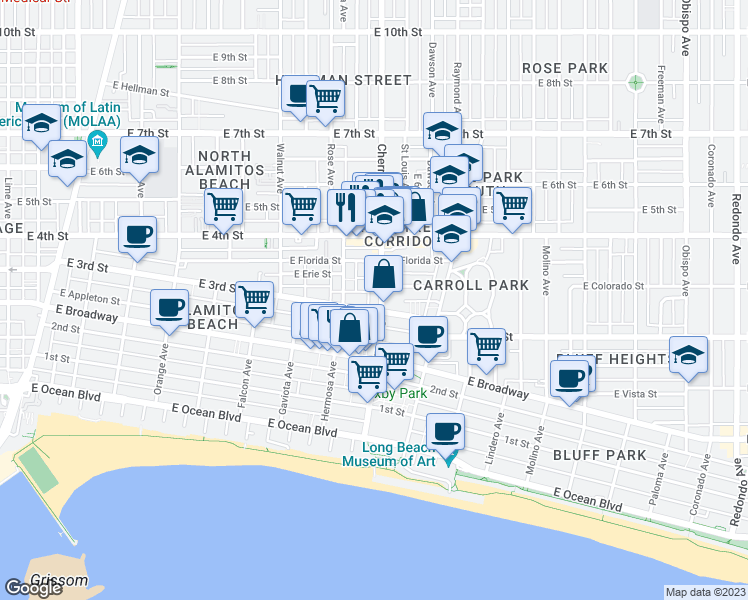 map of restaurants, bars, coffee shops, grocery stores, and more near 307 Cherry Avenue in Long Beach