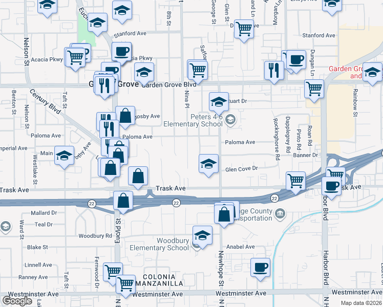 map of restaurants, bars, coffee shops, grocery stores, and more near 13322 Nina Place in Garden Grove
